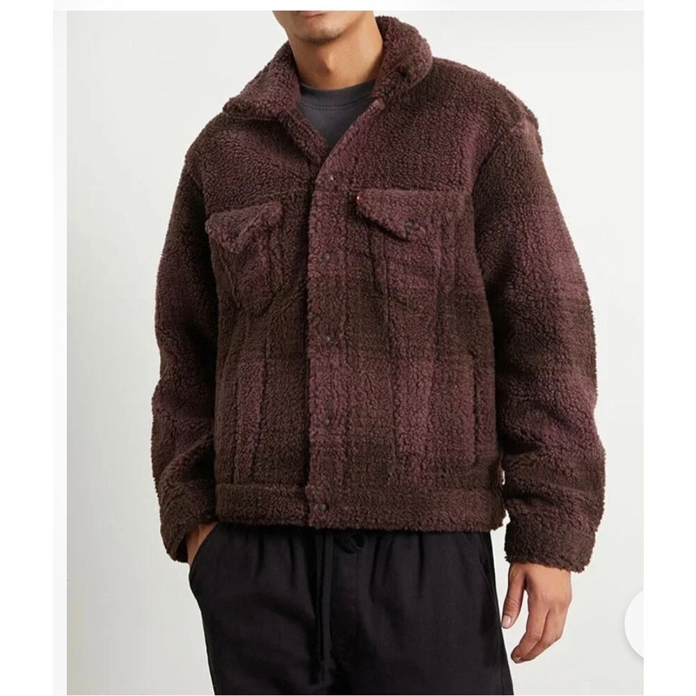 LEVI'S Cozy Vintage Relaxed Fit Sherpa Trucker Jacket Color Plaid Huckleberry S